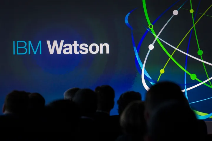 Logo for IBM Watson to which is referenced in the article as being trained on SMB business review data