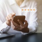 A customer submits a five-star review, highlighting the impact of reviews on SEO, search rankings, and SaaS industry growth.