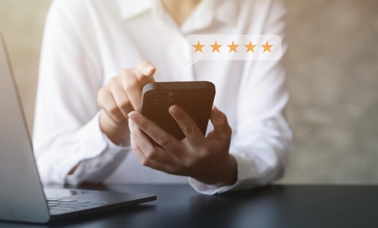 A customer submits a five-star review, highlighting the impact of reviews on SEO, search rankings, and SaaS industry growth.